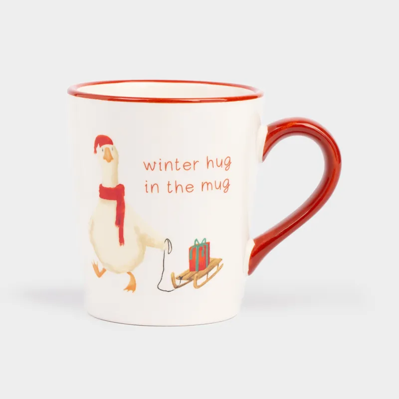 Кружка, 320 мл, керамика, бело-бордовая, Гусь с санками и подарком, Goose