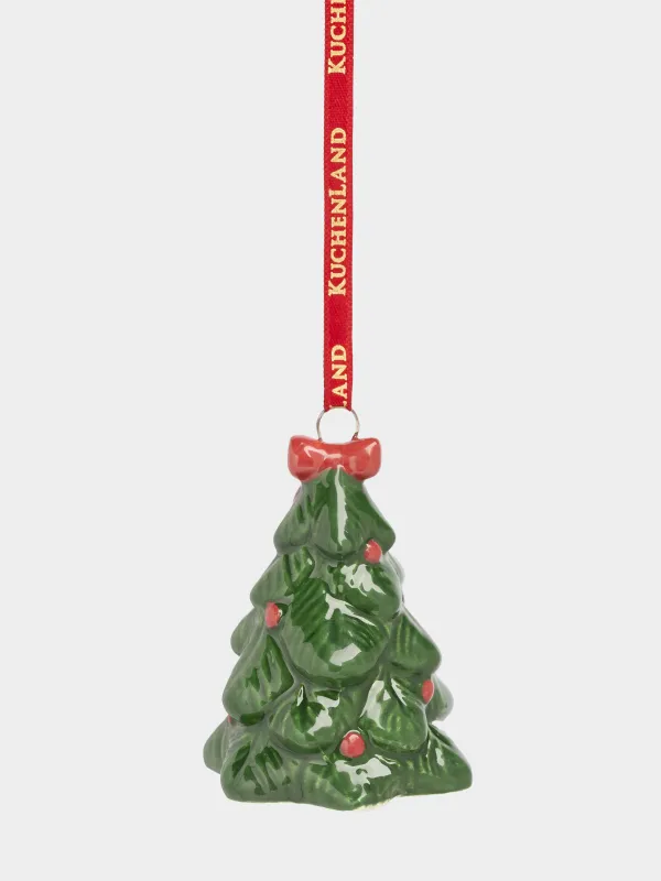 Игрушка елочная, 7 см, керамика D, зеленая, Ель с бантом, Figure christmas, image-1