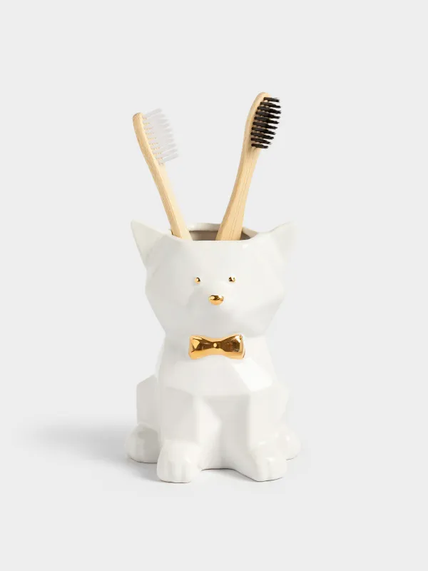 Стакан для ванной комнаты, 14 см, керамика, бело-золотистый, Кот, Art modern, image-6