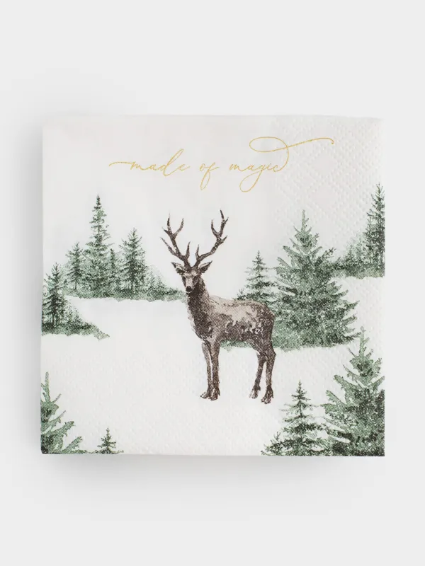 Салфетки бумажные, 21х21 см, 20 шт, квадратные, белые, Олень в зимнем лесу, Woodland story, image-0