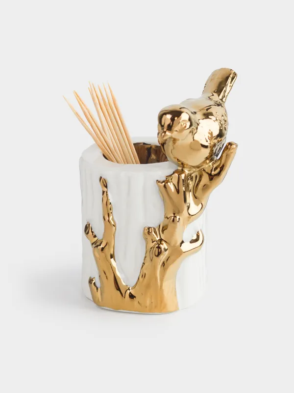 Подставка для зубочисток, 8 см, фарфор P, молочно-золотистая, Птица на ветке, Paradise garden, image-3