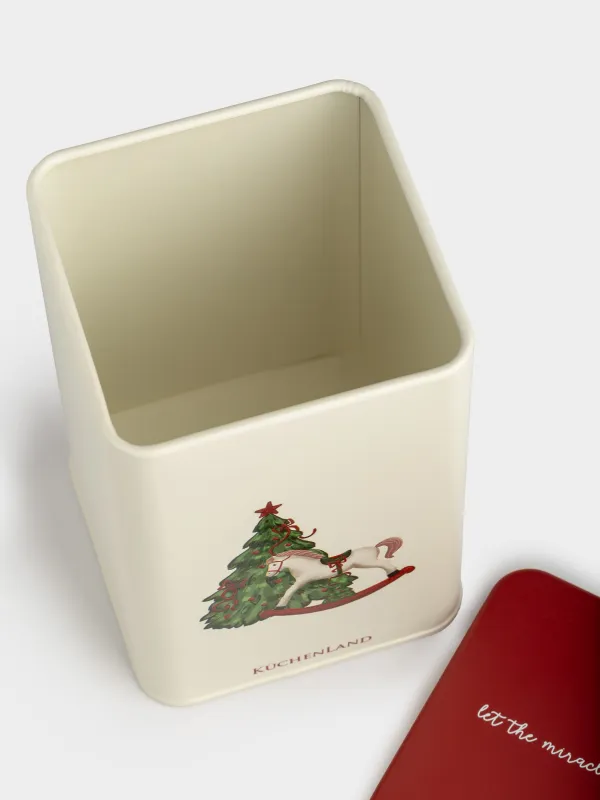 Банка для сыпучих продуктов, 1 л, металл, прямоугольная, Елка с лошадкой, Christmas tree, image-3