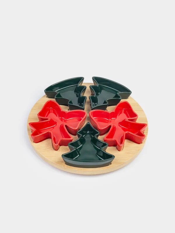 Набор для закусок, 5 пр, вращающийся, на подставке, керамика/бамбук, Ели и банты, Bamboo, image-0