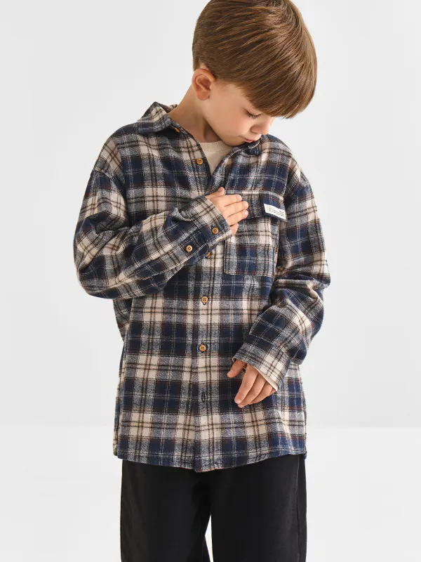 Рубашка детская, для мальчиков, сине-бежевая, Mirek, image-0