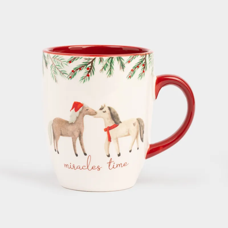 Кружка, 330 мл, керамика, бело-бордовая, Лошадки целуются, Horse christmas