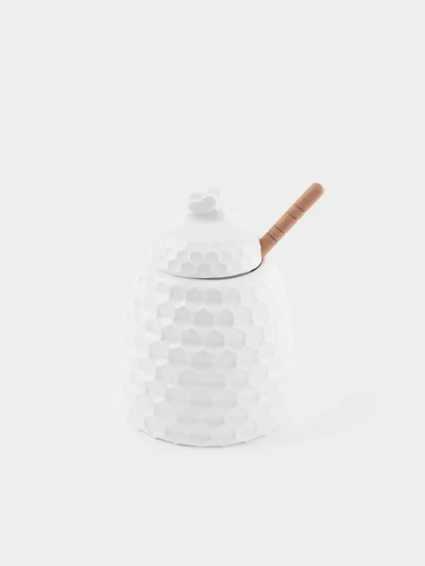 Банка для меда, 400 мл, с ложкой, фарфор P/бамбук, Соты, Honey , image-0