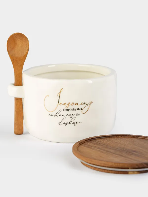 Емкость для специй, 12x9 см, 550 мл, с ложкой, керамика D/дерево, Мятый эффект, Crumple kitchen, image-3