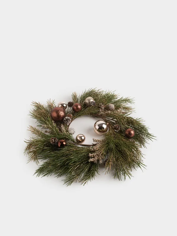 Венок рождественский, 50 см, Хвоя и шары, Conifer champagne, image-3