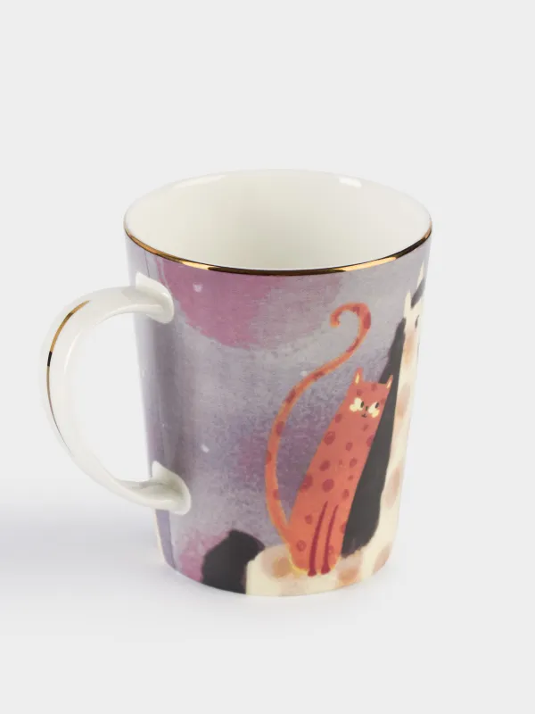 Кружка, 350 мл, фарфор F, с золотистым кантом, Лошади и кот, Horse cute, image-1