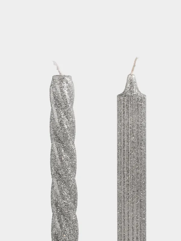Свеча, 25 см, 2 шт, тонкая, с блестками, серебристая, Spiral shape, image-1
