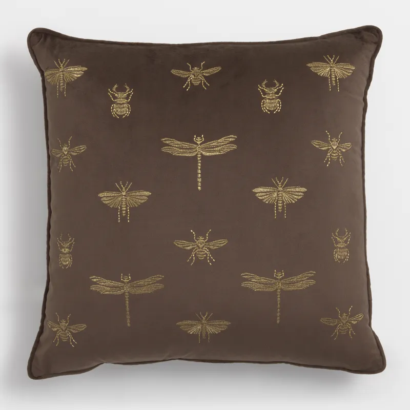 Подушка декоративная, 45х45 см, вельвет, коричневая, Жуки, Bugs