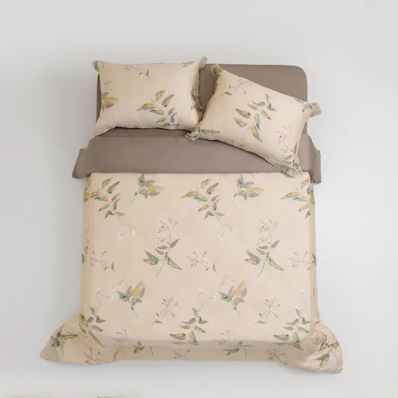 КПБ евро, тенсель 300 ТС, бежевый, Листья, Tencel