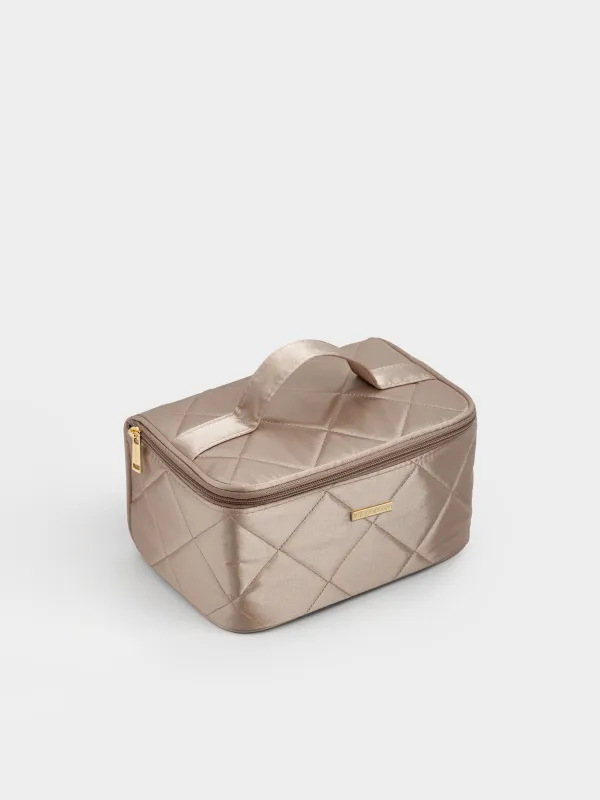 Косметичка, 23х13 см, стеганая, с ручкой, сатин, бежевая, Quilted silk, image-1