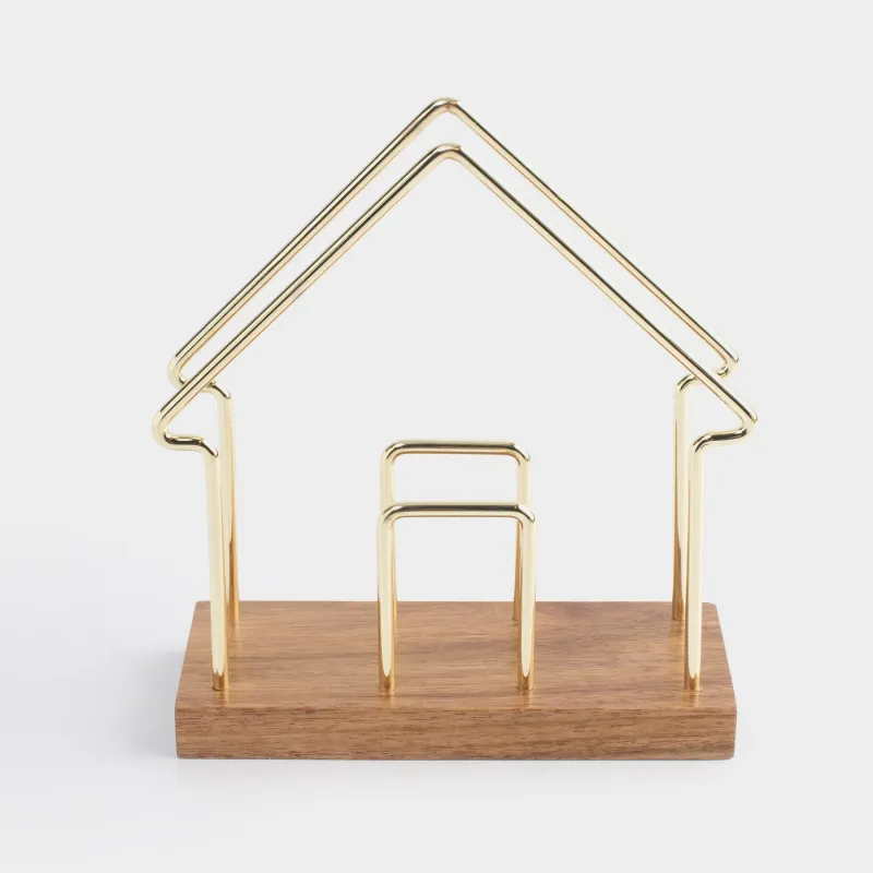 Салфетница, 14 см, на подставке, металл/дерево, золотистая, Дом, Noble tree