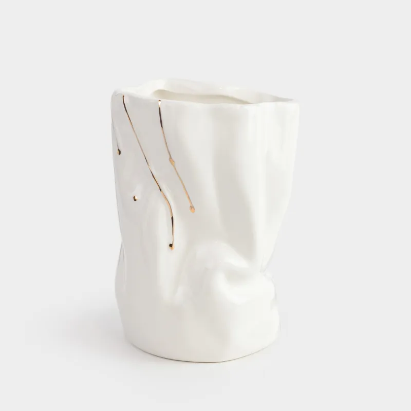 Подставка для косметических кистей, 11 см, керамика, молочно-золотистая, Мятый эффект, Crumple, image-0