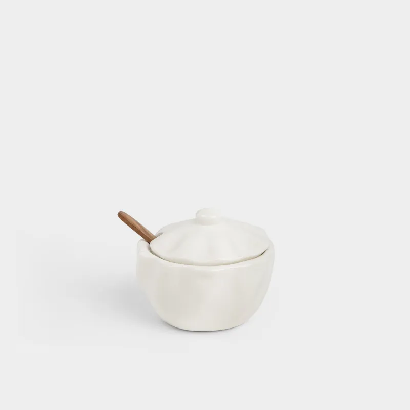 Сахарница, 9 см, 300 мл, с ложкой, керамика D/бамбук, молочная, Волнистый край, Crumple