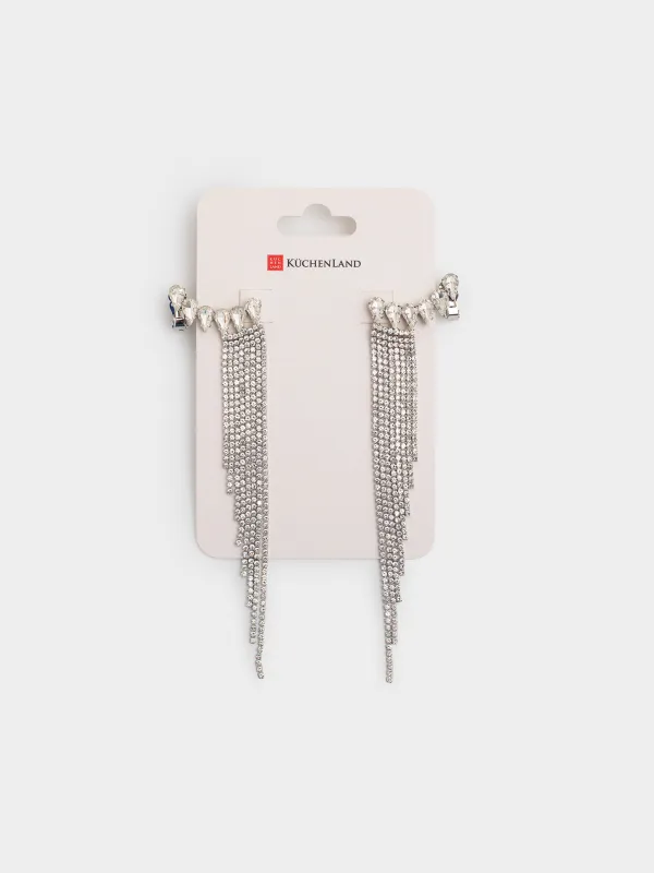 Серьги-пусеты, 14 см, 2 шт, металл/стразы, серебристые, Кристаллы, Jewelry crystal, image-4