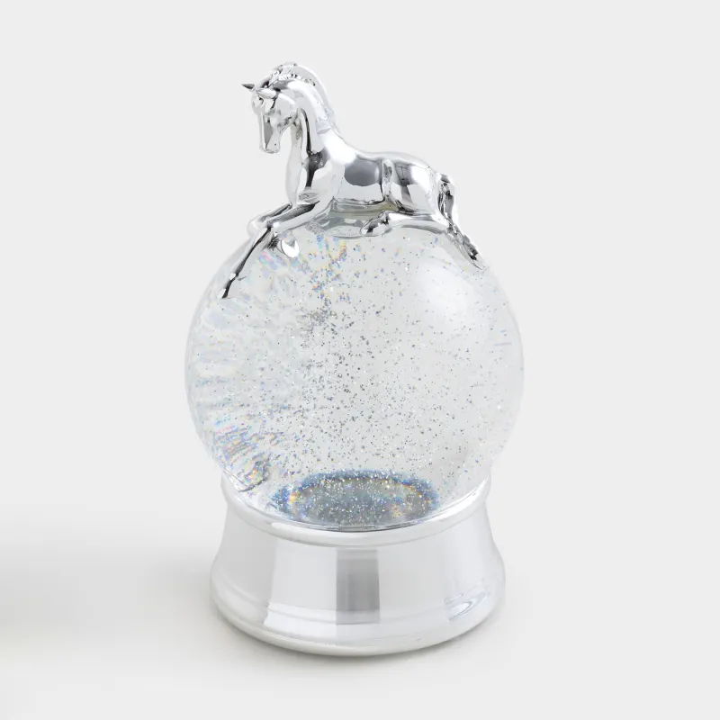 Снежный фонарь, 21 см, с подсветкой, пластик, серебристый, Лошадь на шаре, Silver style