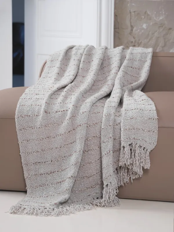 Плед, 130х170 см, с бахромой, шенилл, бежевый, Полосы, Chenill, image-2