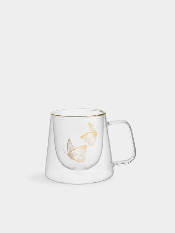 Кружка, 310 мл, стекло Б, с золотистым кантом, Стрекоза/Бабочки, Air decor, image-0