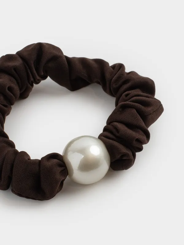 Резинка для волос, 6 см, сатин/пластик, коричневая, Бусина, Silk, image-2