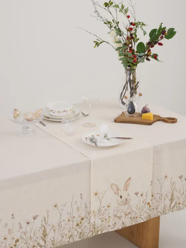 Дорожка настольная, 40х160 см, полиэстер/лен, бежевая, Кролик в цветах, Bunny in flowers, image-6