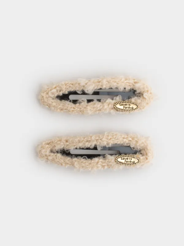 Заколка для волос, 8 см, 2 шт, искусственный мех/металл, молочная, Plush, image-0