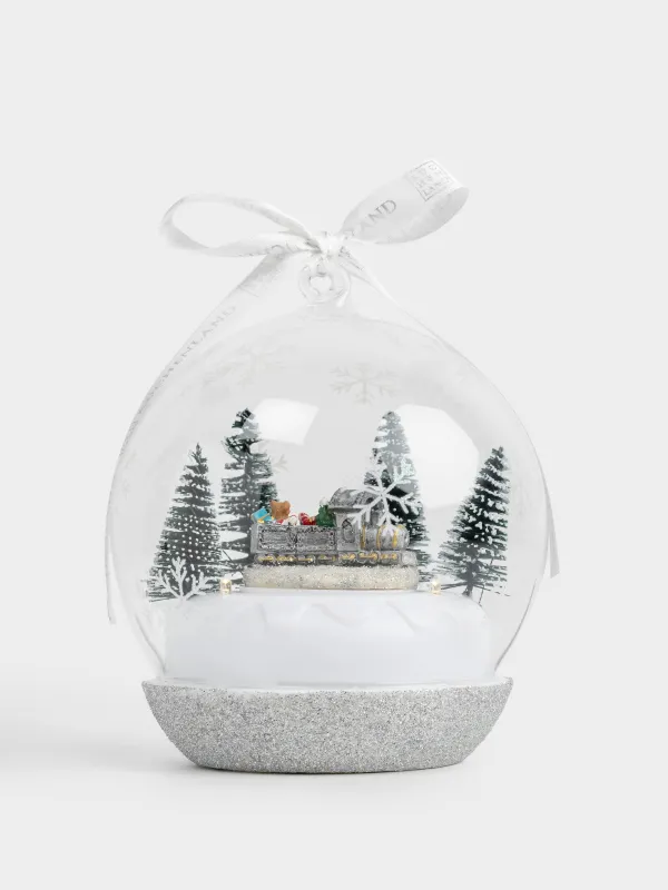 Статуэтка музыкальная, 12 см, с подсветкой, вращающаяся, стекло, серебристая, Шар с поездом, Silver style, image-0