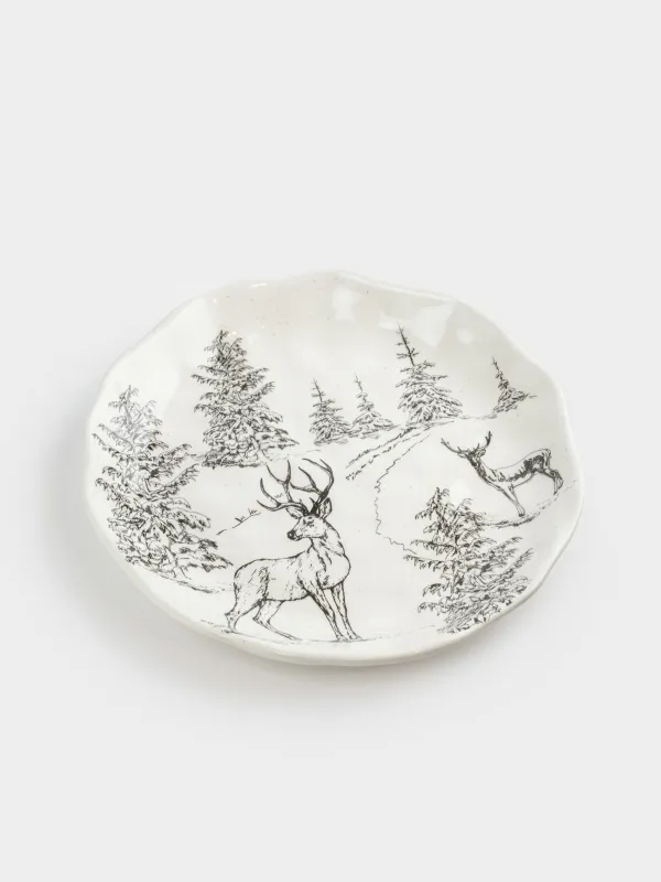 Тарелка закусочная, 23 см, керамика, белая, Олени в лесу, Crumple print, image-1