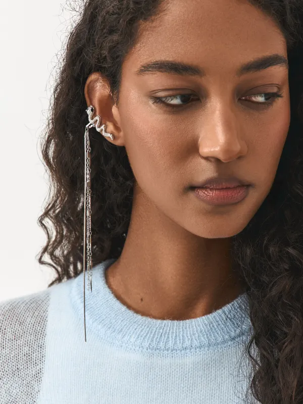 Серьга-кафф, 18 см, с подвеской, металл, серебристая, Змея с черными глазами, Jewelry snake, image-6