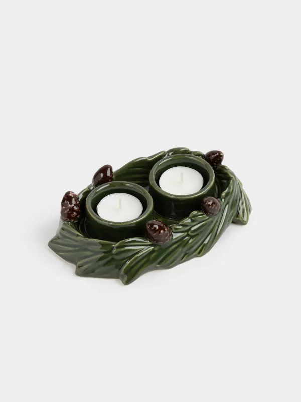 Подсвечник, 18х12 см, 2 чайные свечи, керамика D, зеленый, Шишки на еловой ветке, Forest whispers, image-4