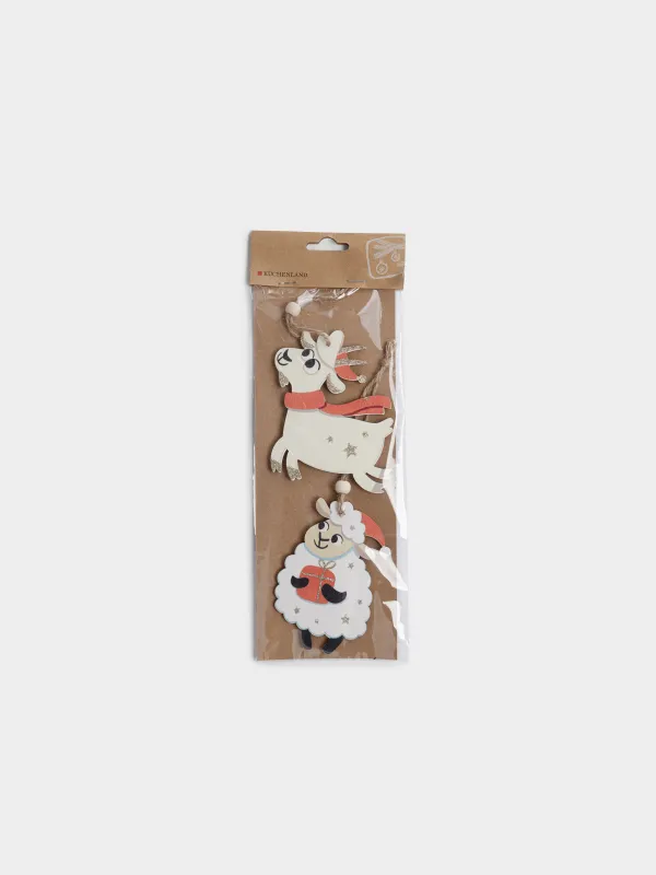 Набор елочных игрушек, 11 см, 2 шт, Коза/Овечка с подарком, Figure wood, image-4