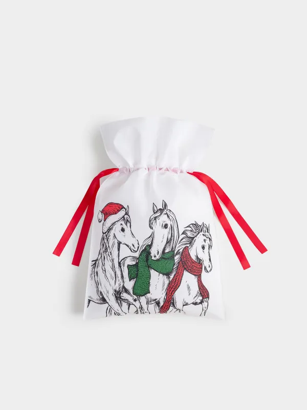 Мешок подарочный, 20х30 см, с завязками, полипропилен, белый, Лошади в шарфах, Horse trio, image-3