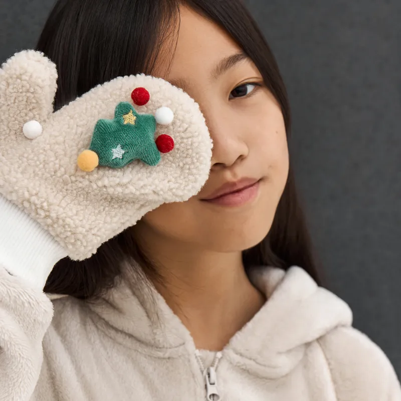 Варежки детские, единый размер, шерпа, бежевые, Елочки, Plush