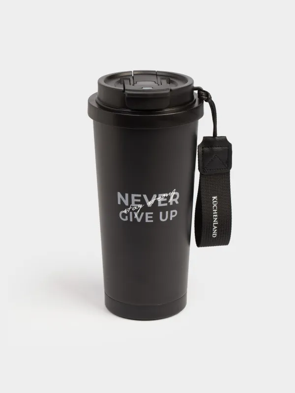 Термокружка, 500 мл, клапан/трубочка, с ремешком, сталь/пластик, черно-золотистая, Ballad, image-0