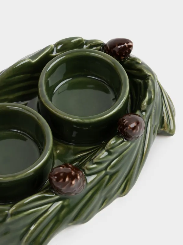 Подсвечник, 18х12 см, 2 чайные свечи, керамика D, зеленый, Шишки на еловой ветке, Forest whispers, image-3