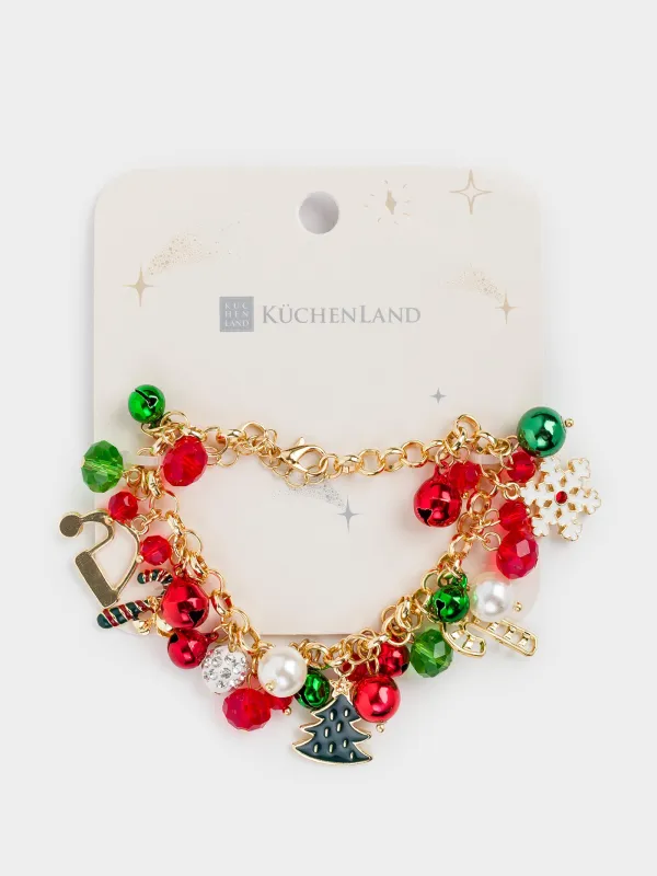 Браслет, 25 см, с подвесками, металл, золотистый, Красные и зеленые бусины, Jewelry christmas, image-3