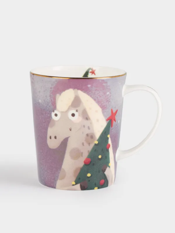 Кружка, 350 мл, фарфор F, с золотистым кантом, Лошади и кот, Horse cute, image-0