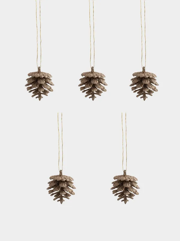 Игрушка елочная, 4 см, 6 шт, пластик, с блестками, бронзовая, Шишка, Pine christmas, image-0