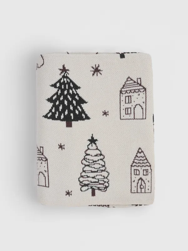 Плед, 130х170 см, полиэстер/хлопок, молочно-зеленый, Елки и дома, Tree, image-0