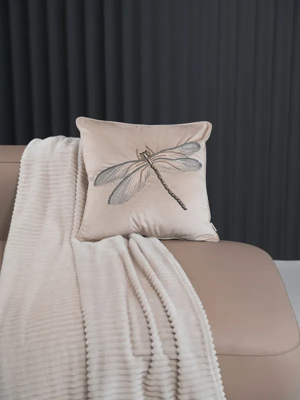Подушка декоративная, 45х45 см, вельвет/бисер, бежевая, Стрекоза, Dragonfly, image-4