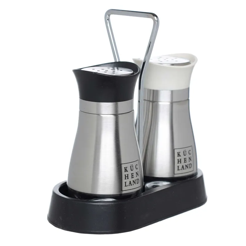 Набор для соли и перца, 16 см, на подставке, сталь/стекло, черный/бежевый, Classic, image-1