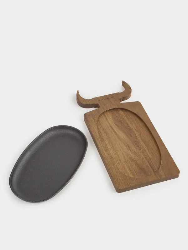 Сковорода, 15х33 см, на подставке, чугун/дерево, черная, Бык, Authentic, image-2