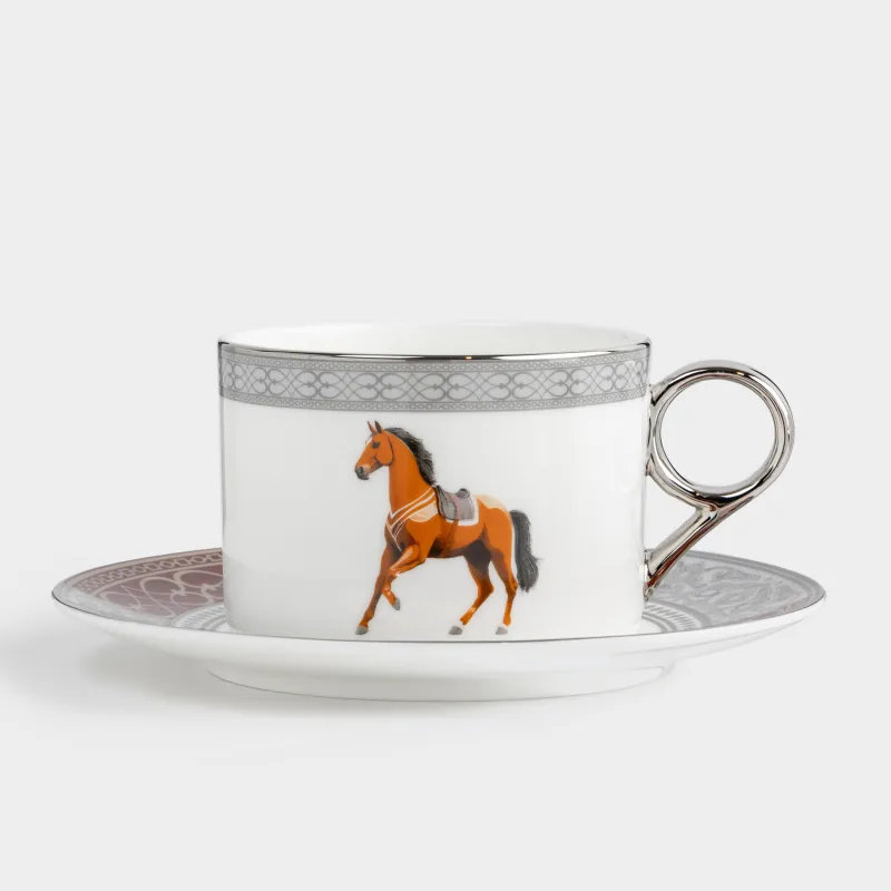 Пара чайная, 1 перс, 2 пр, 290 мл, фарфор F, бело-бордовая, с серебристым кантом, Лошадь, Breton horse