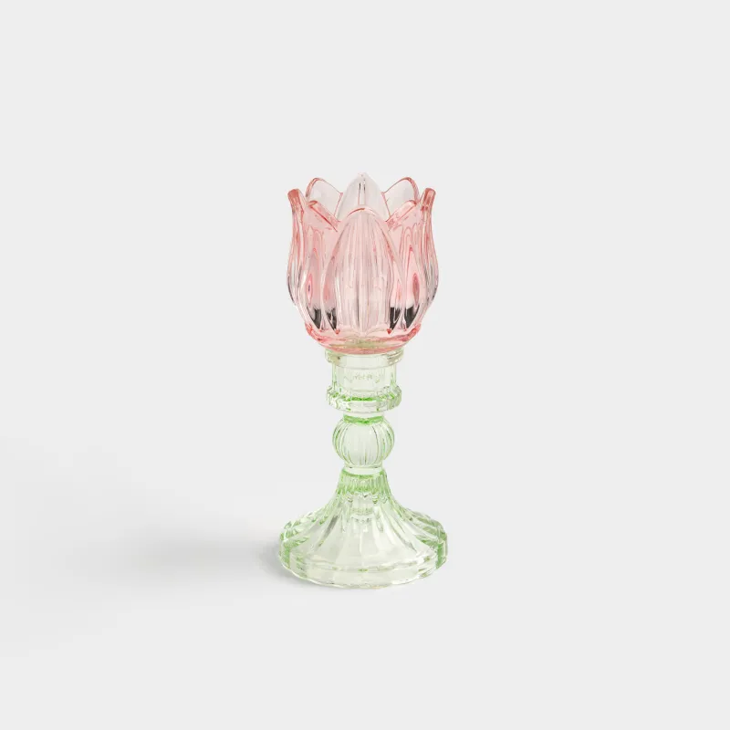 Подсвечник, 17 см, для чайной свечи, на ножке, стекло Р, зеленая ножка, Тюльпан, Fleur color