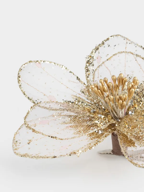 Украшение декоративное, 18 см, на клипсе, полиэстер/пенопласт, золотистое, Цветок, Figure sparkle, image-3