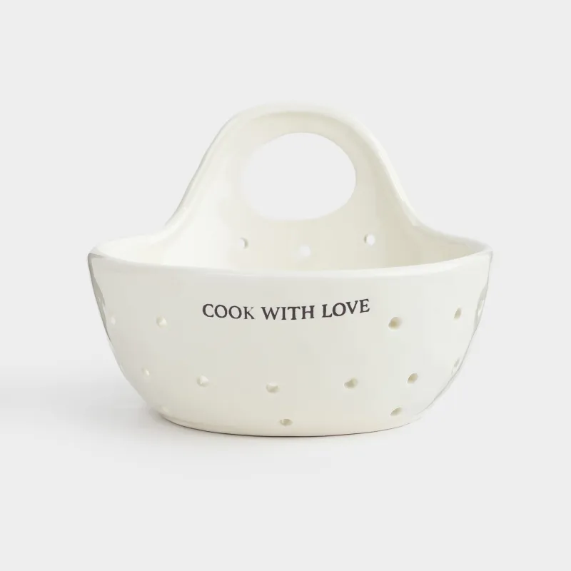 Дуршлаг, 15 см, с ручкой, керамика, молочный, Crumple font