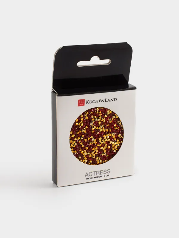 Зеркало карманное, 7 см, двустороннее, сталь, золотистое, Красные блестки, Actress, image-4