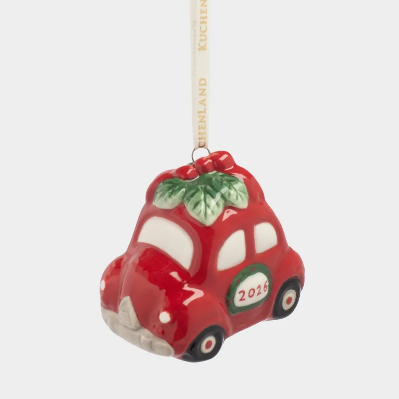 Игрушка елочная, 7 см, керамика D, красная, Машина с венком, Figure christmas