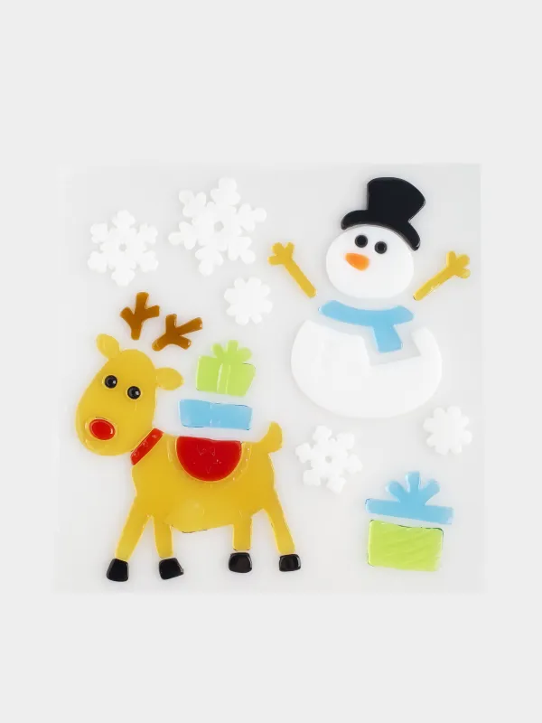 Набор наклеек, 19х19 см, многоразовые, термопластик, Снеговик и олень, Christmas decal, image-0